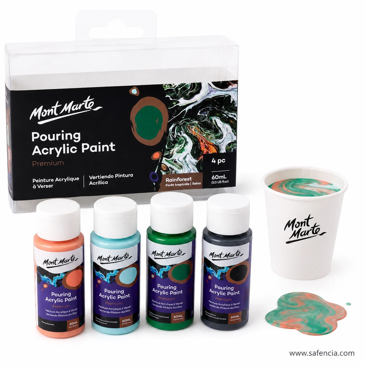 Four Rainforest pouring bottles standing in a row beside the pack and a Mont Marte paper cup