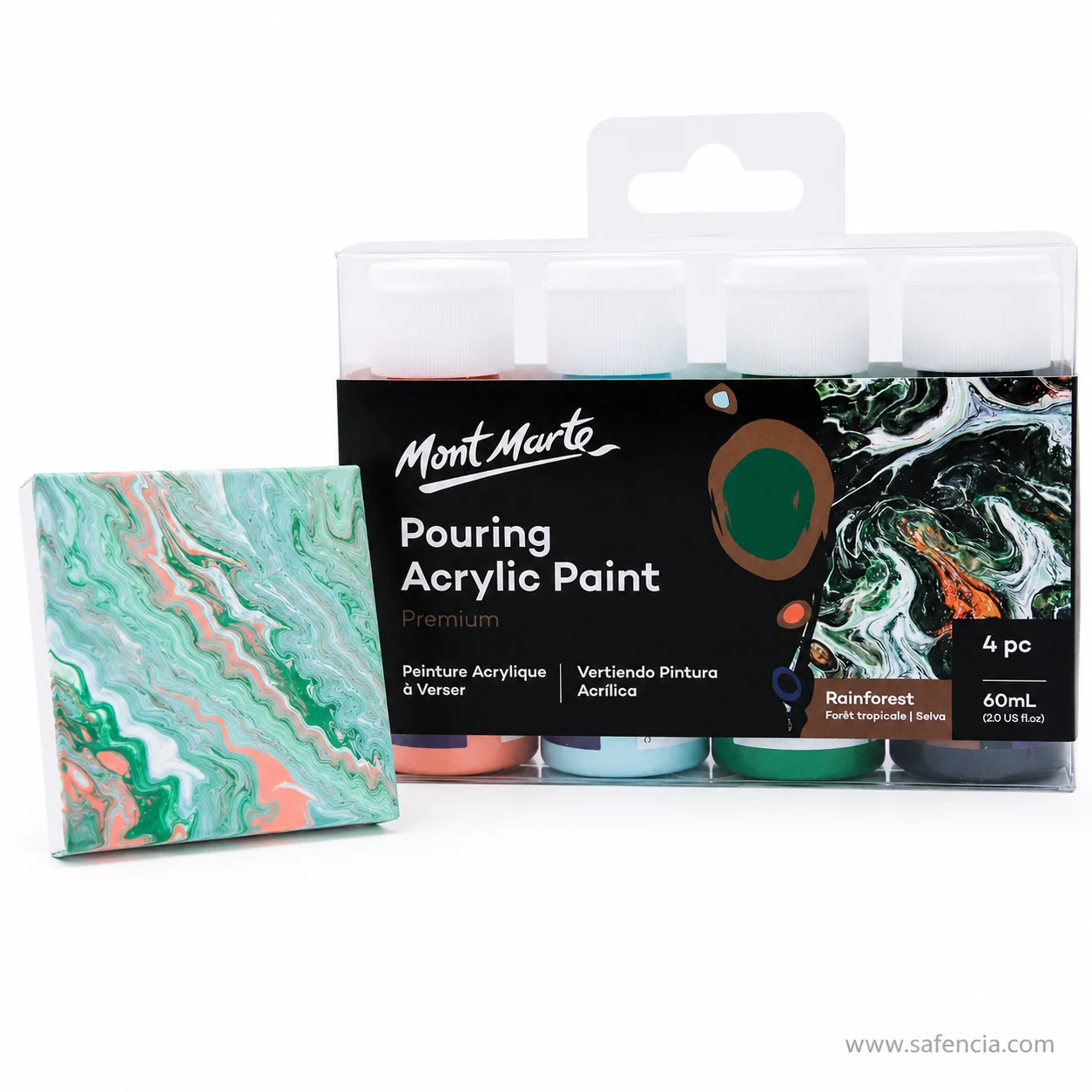Mont Marte Pouring Acrylic Rainforest pack beside a small poured tile in mint coral and white