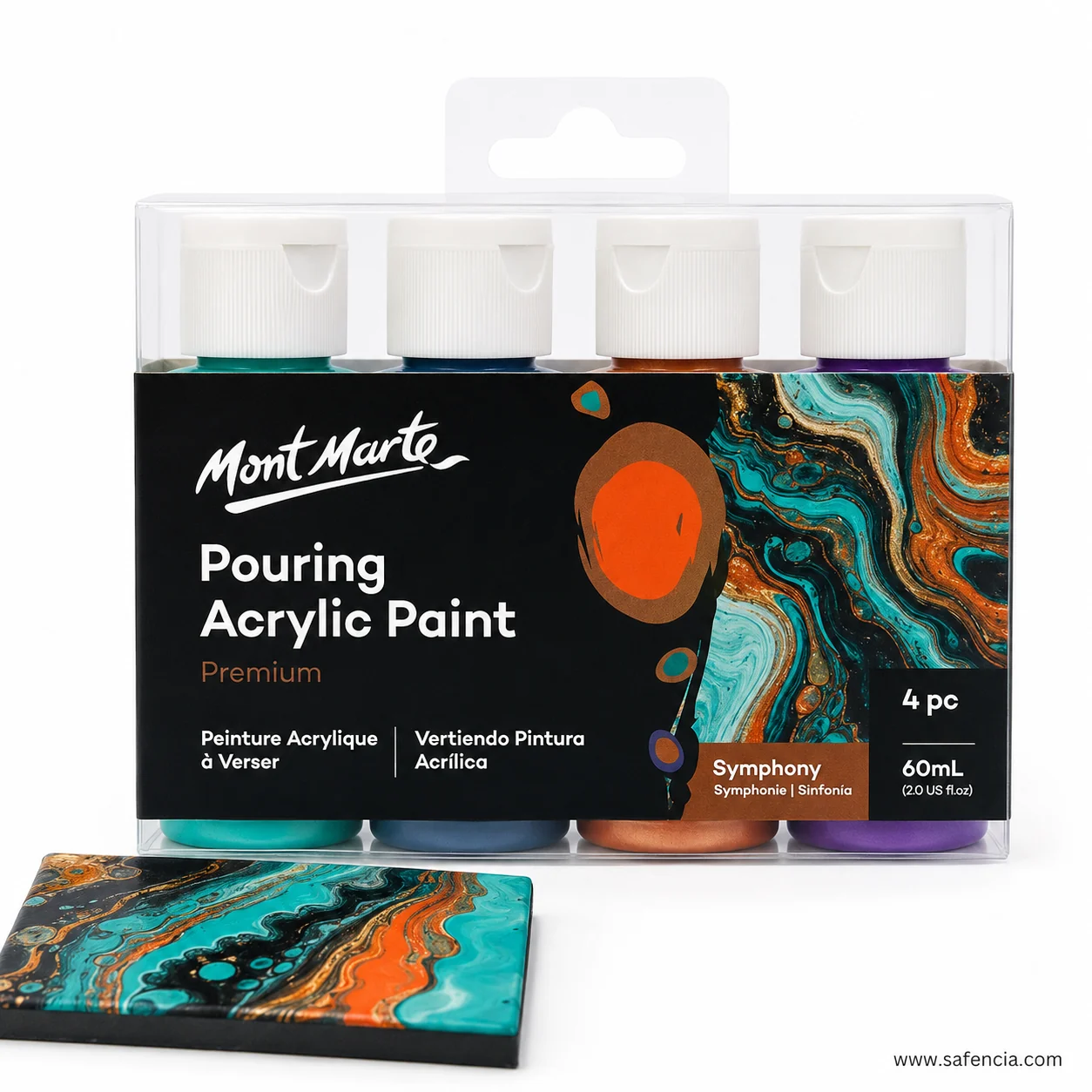 Mont Marte Pouring Acrylic Paint Symphony pack above a poured tile in teal orange and copper