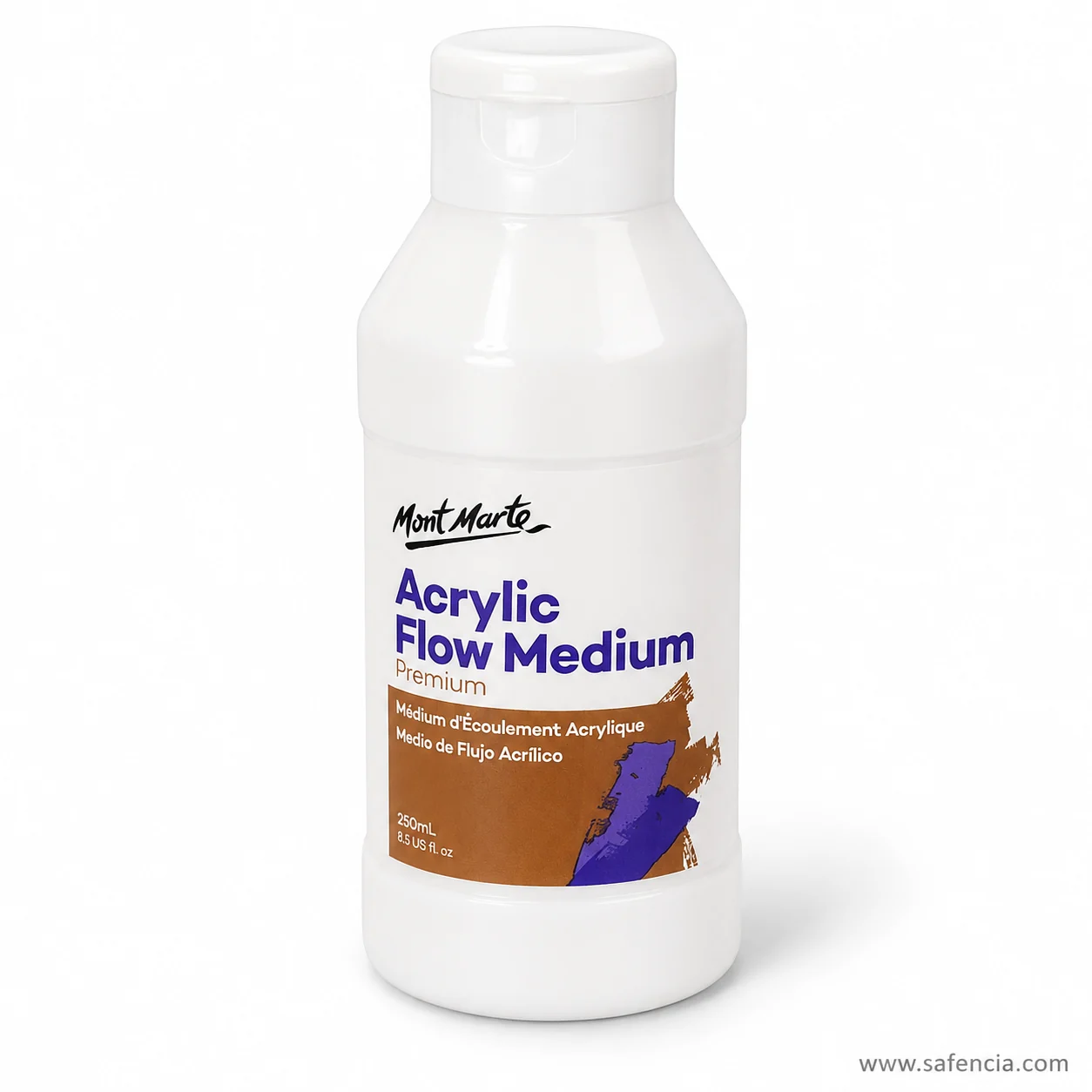 Side view of the flow medium bottle showing the narrow neck and white screw cap