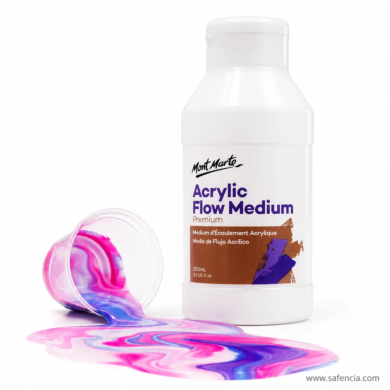 Flow medium bottle beside a tipped cup of pink and purple acrylic running across the surface