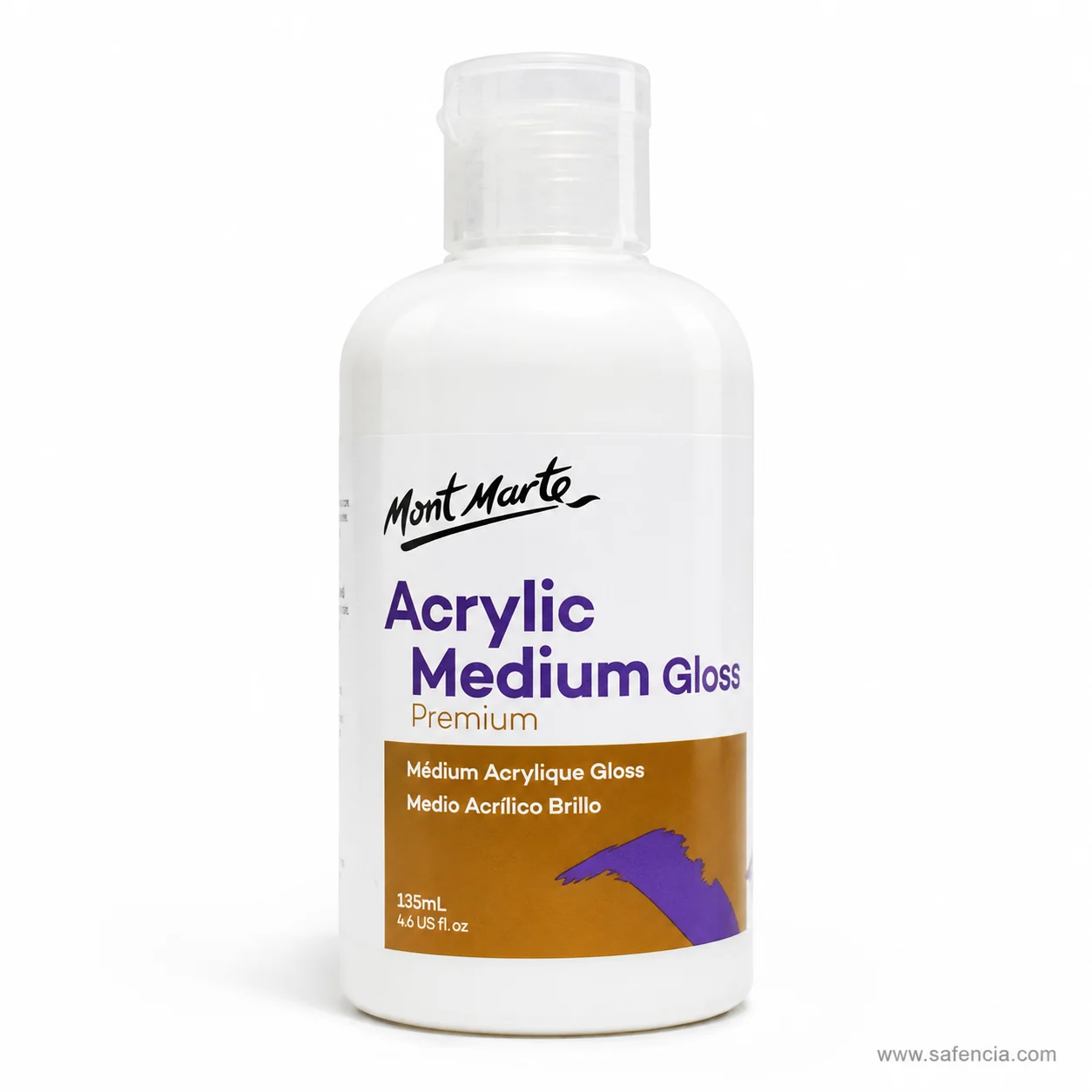 Tilted view of the gloss medium bottle with the 135 mL and 4.6 US fl. oz volume line readable