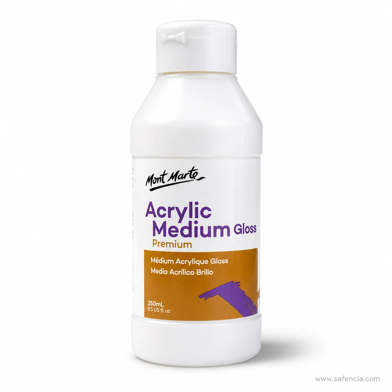 Side view of the 250 mL gloss medium bottle showing the screw cap and bottle shoulder