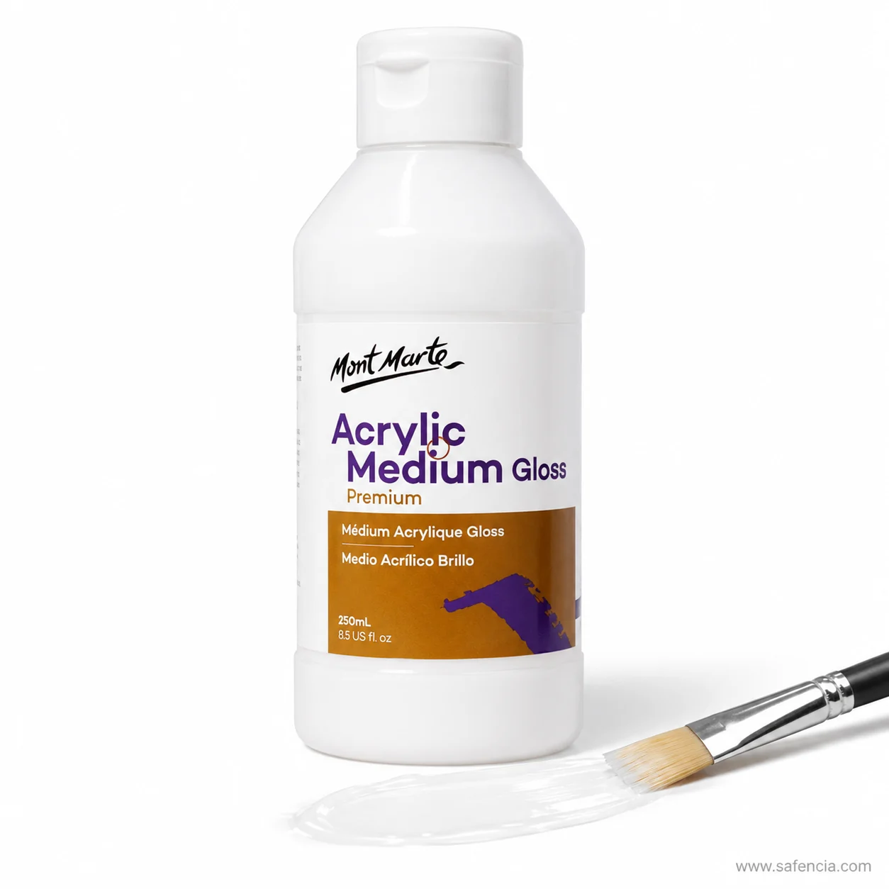 Acrylic gloss medium brushed out beside the bottle as a wet transparent stroke
