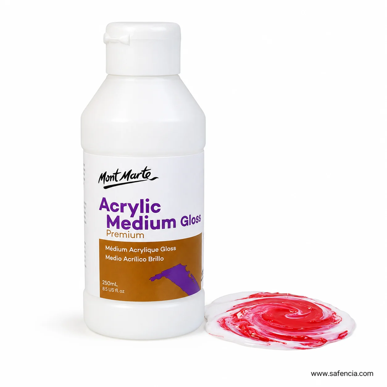 Gloss medium stirred into red acrylic paint forming a shiny swirl beside the bottle