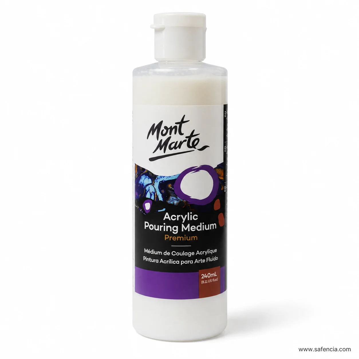 Side view of the pouring medium bottle showing the flip-top cap and the milky medium behind the label