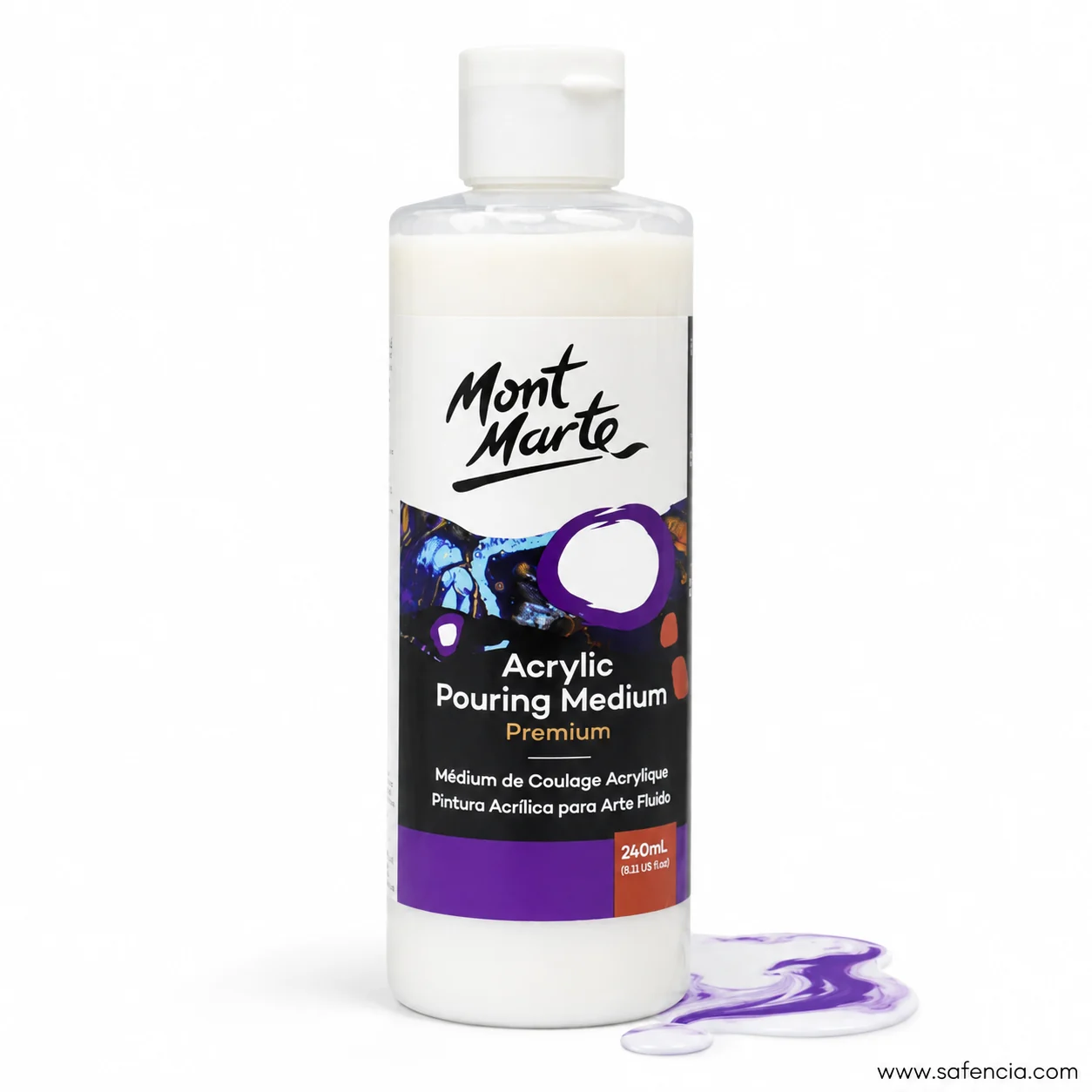 Purple acrylic poured into a flowing puddle beside the pouring medium bottle