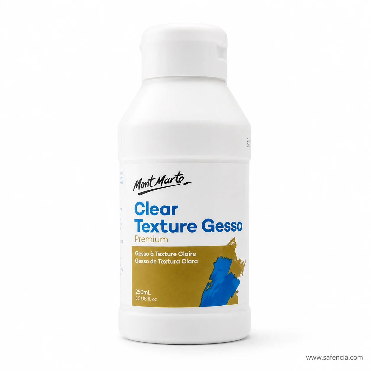 Side view of the clear texture gesso bottle showing the flip-top cap and label edge