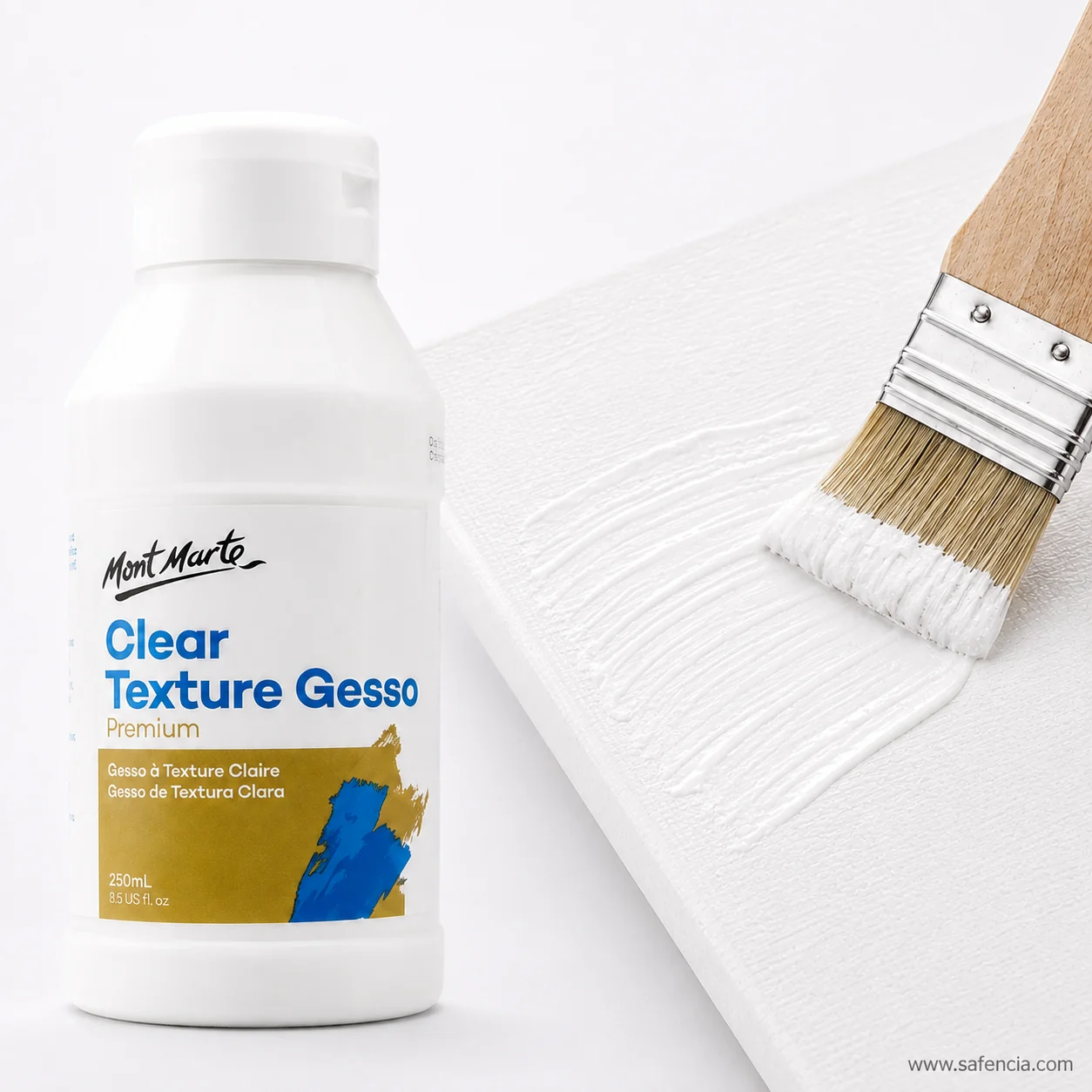 Close view of a board coated in clear texture gesso showing the ridged brushed surface