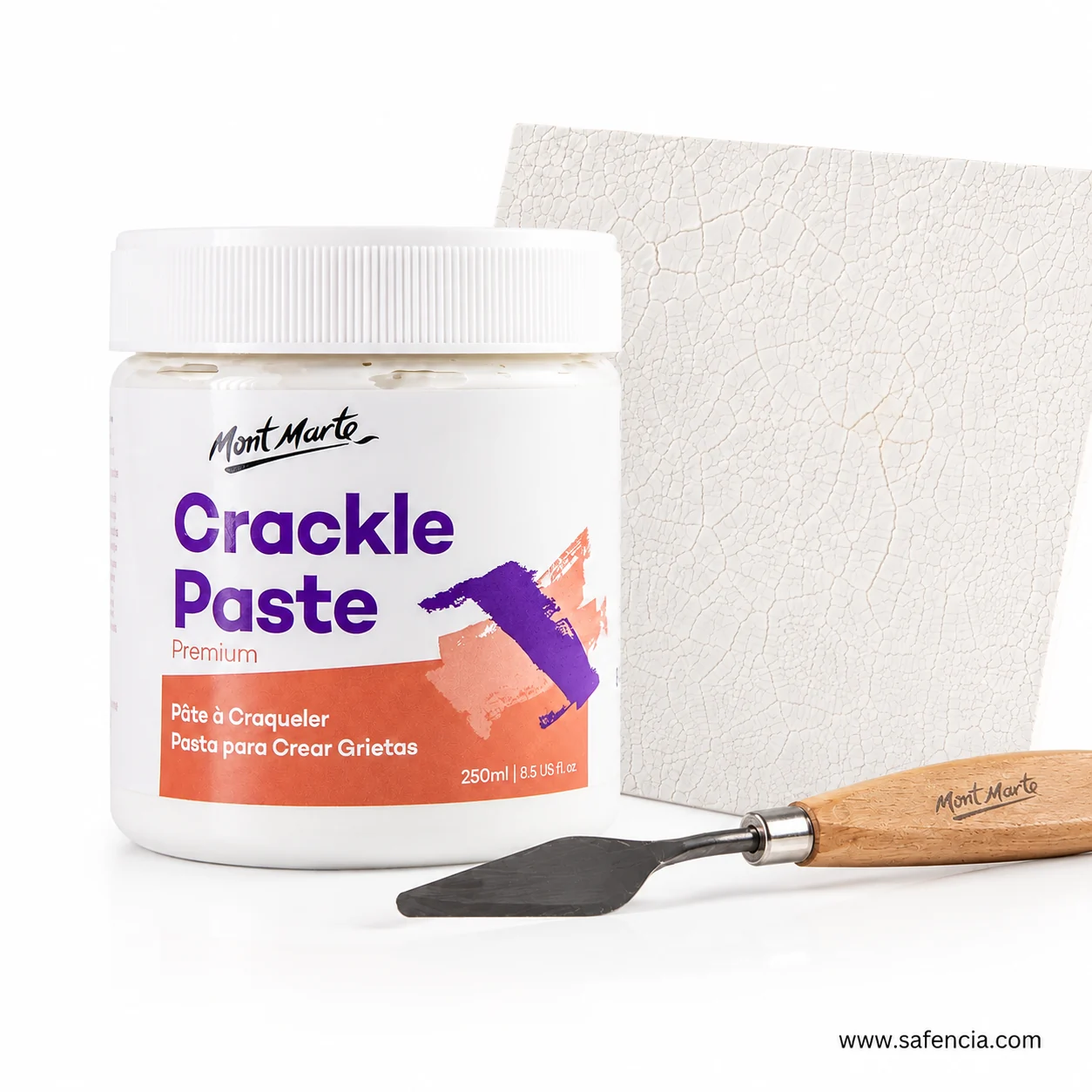 Crackle paste jar and palette knife beside a panel showing dense fine craquelure
