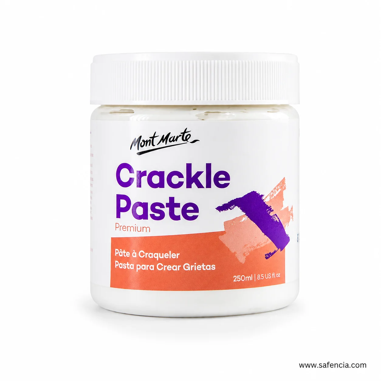 Crackle paste jar photographed front on showing the full coral label and volume line