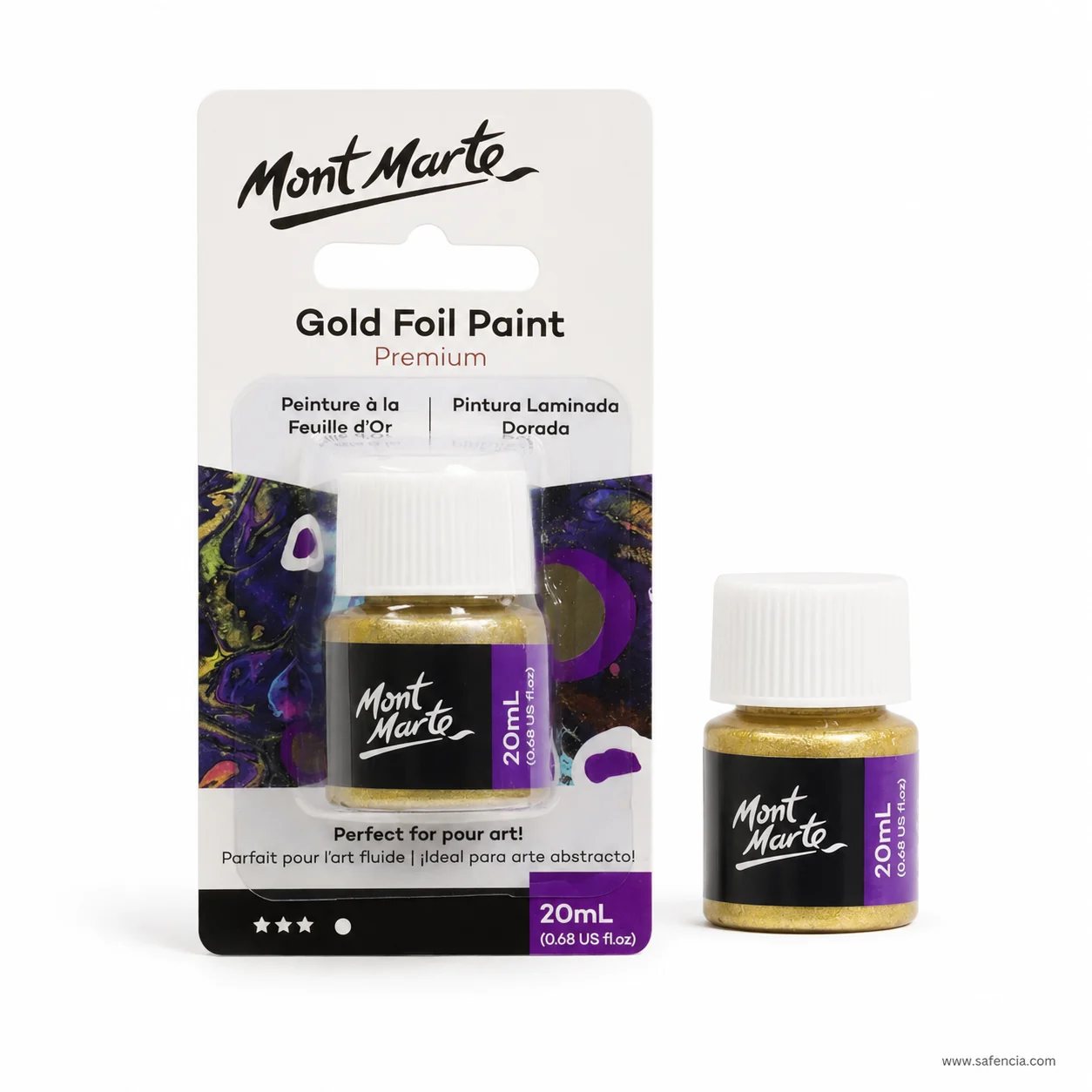 Mont Marte gold foil paint card standing beside the loose 20mL bottle removed from it