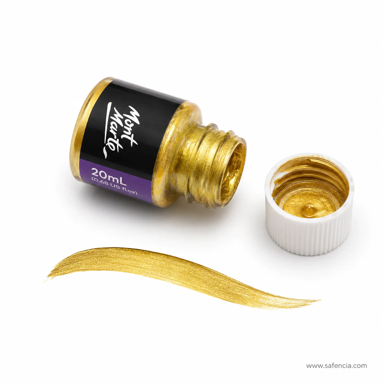 Open bottle of Mont Marte gold foil paint lying beside a brushed swatch of the metallic gold