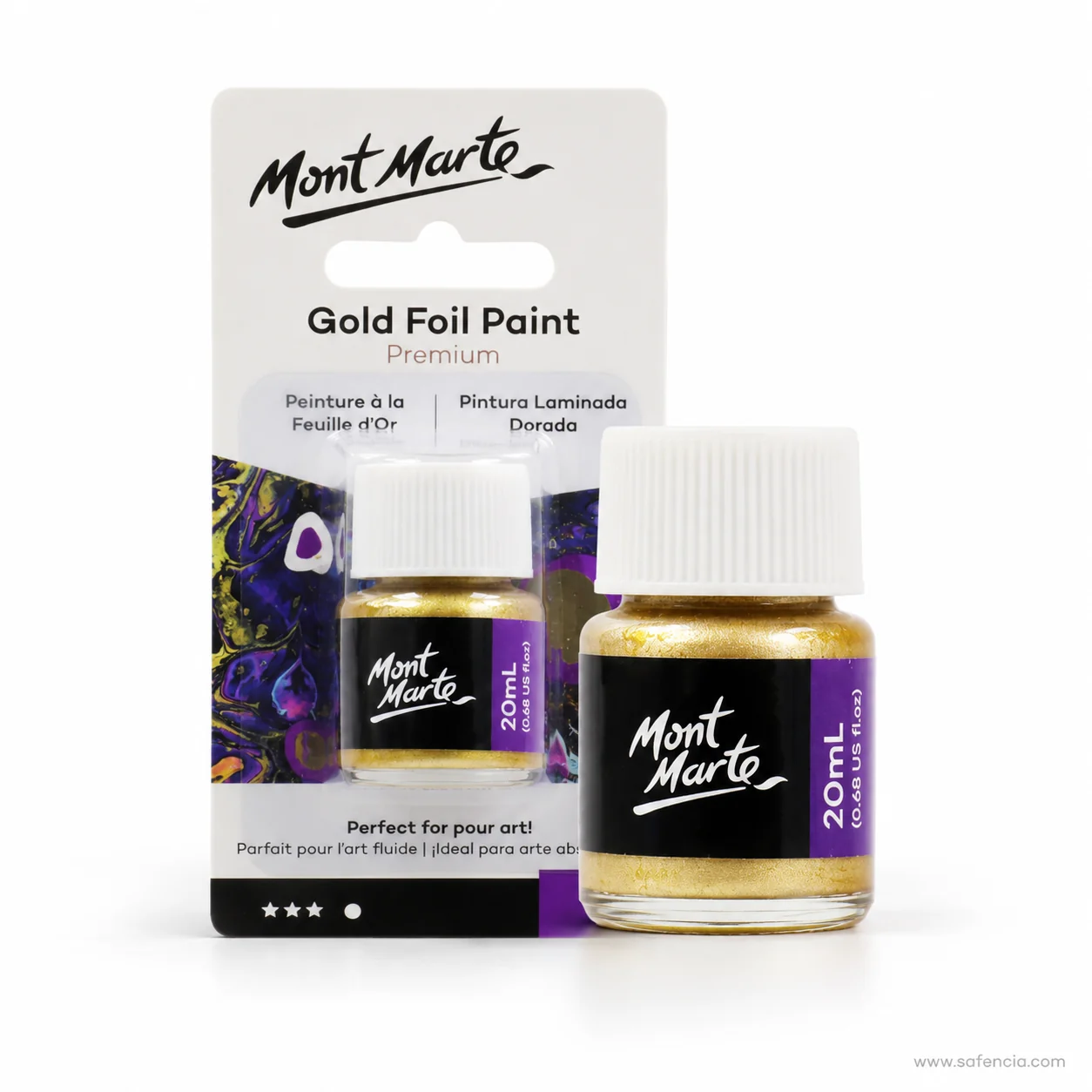 Angled studio shot of the Mont Marte gold foil paint pack with the bottle standing in front of it