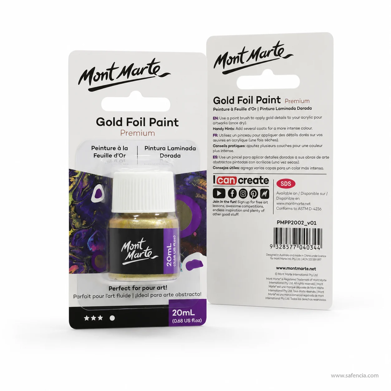 Front and back of the Mont Marte gold foil paint card showing the printed usage instructions