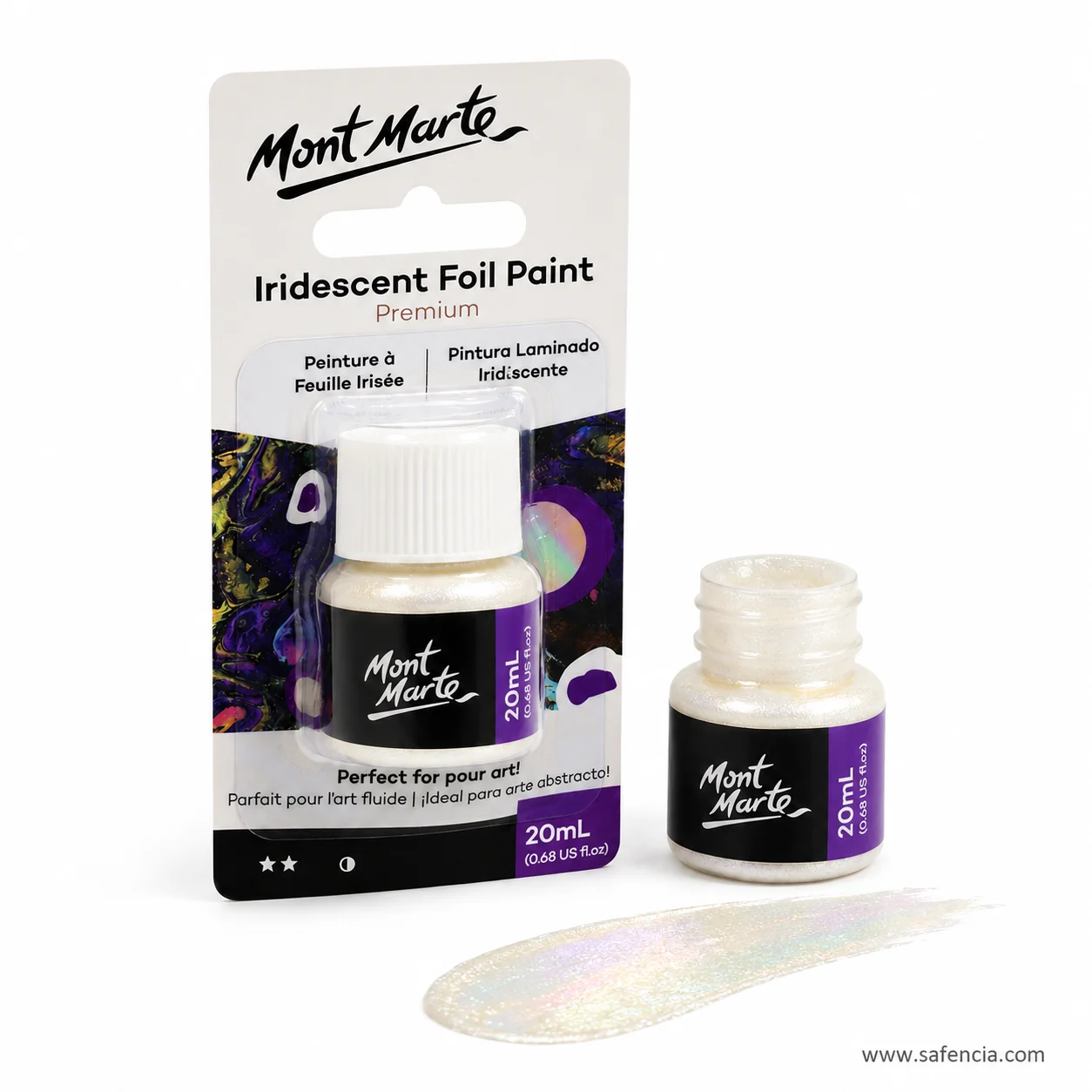 Mont Marte iridescent foil paint card and loose bottle above a brushed pearl swatch on white