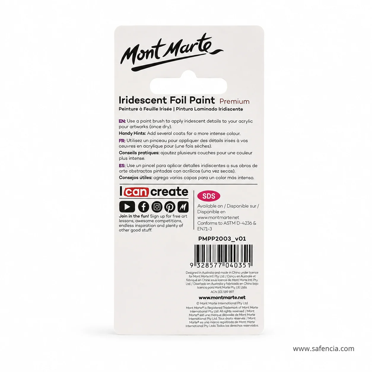 Back of the Mont Marte iridescent foil paint card showing usage instructions and standards markings