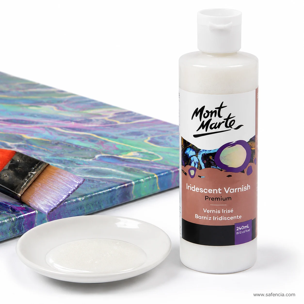Iridescent varnish bottle standing beside a pale swatch card carrying a subtle pearl finish