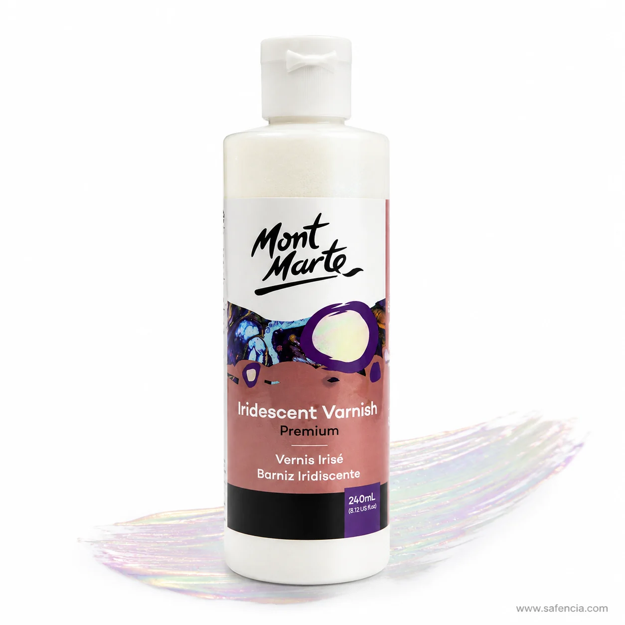 Iridescent varnish brushed out as a pearl stroke on a white surface beside the bottle