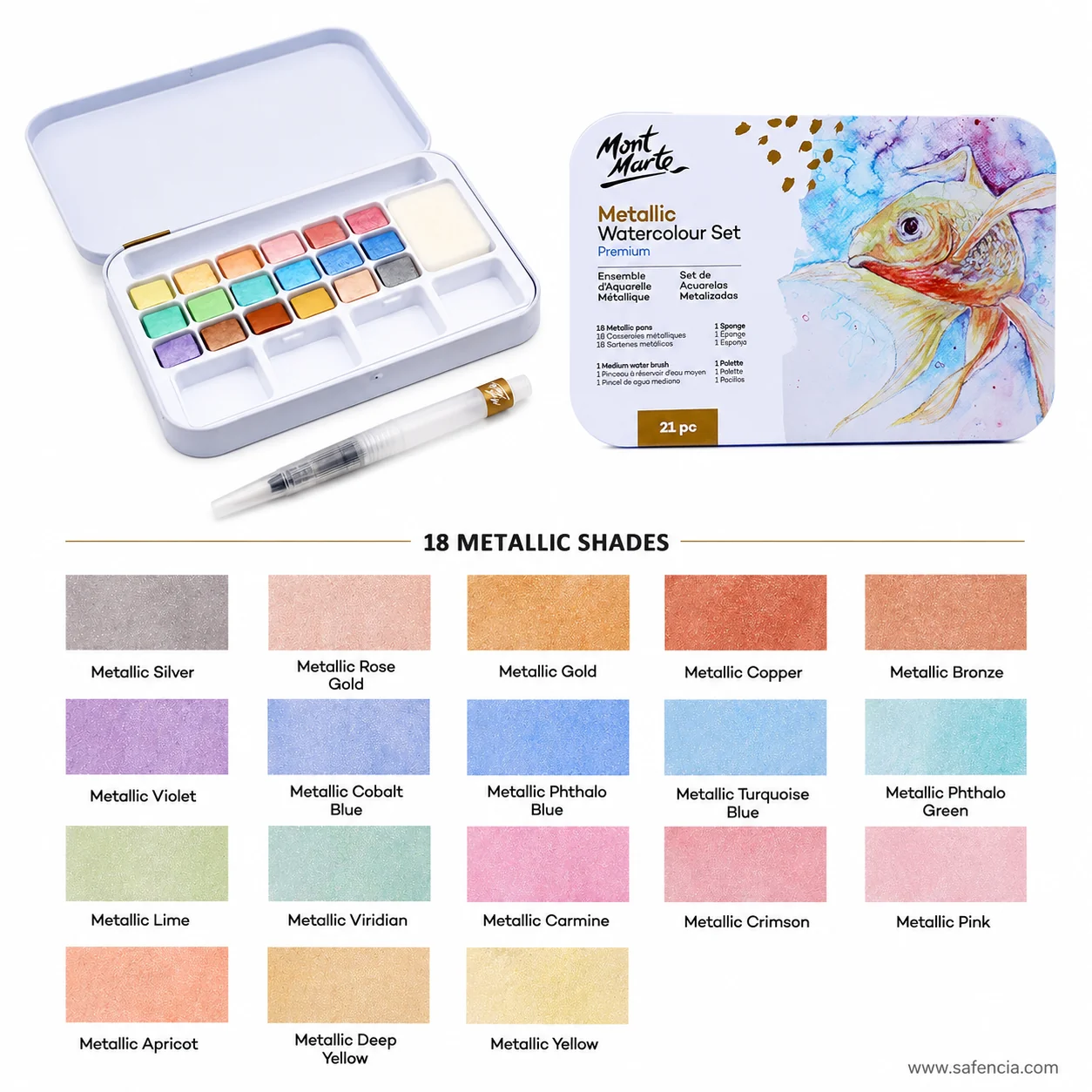 Mont Marte chart naming all eighteen metallic shades from Metallic Silver through to Metallic Yellow