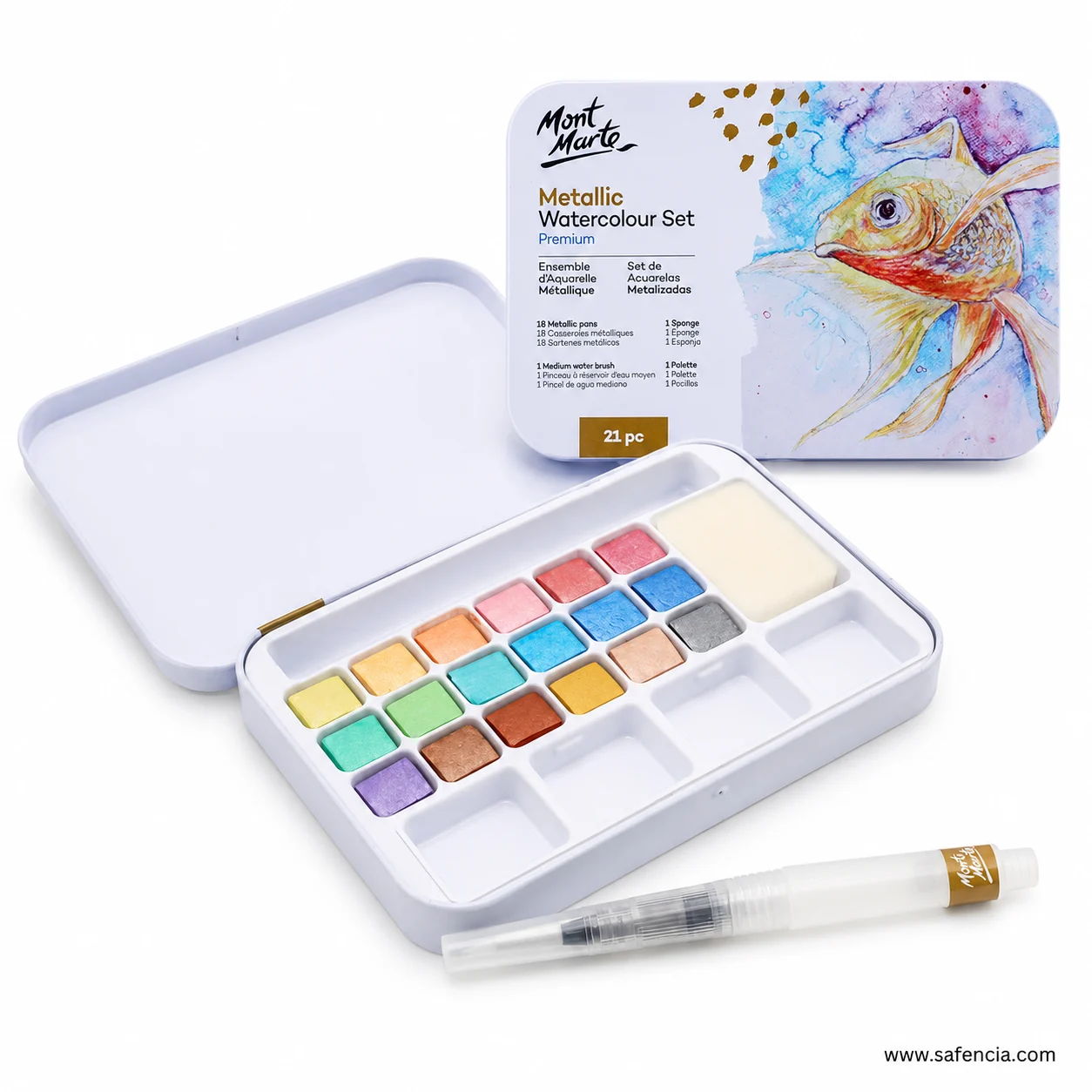 Mont Marte Metallic Watercolour Set lid printed 21 pc with 18 metallic pans brush sponge and palette
