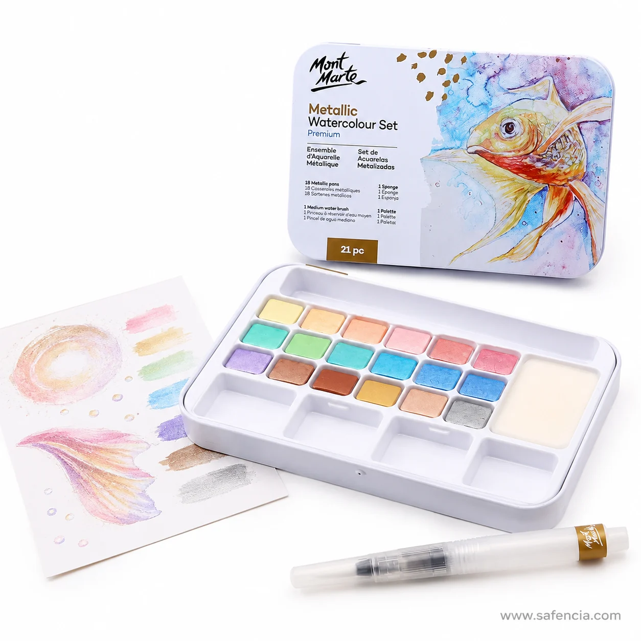 Mont Marte metallic watercolour set beside a painted fish study showing the metallic flash on paper