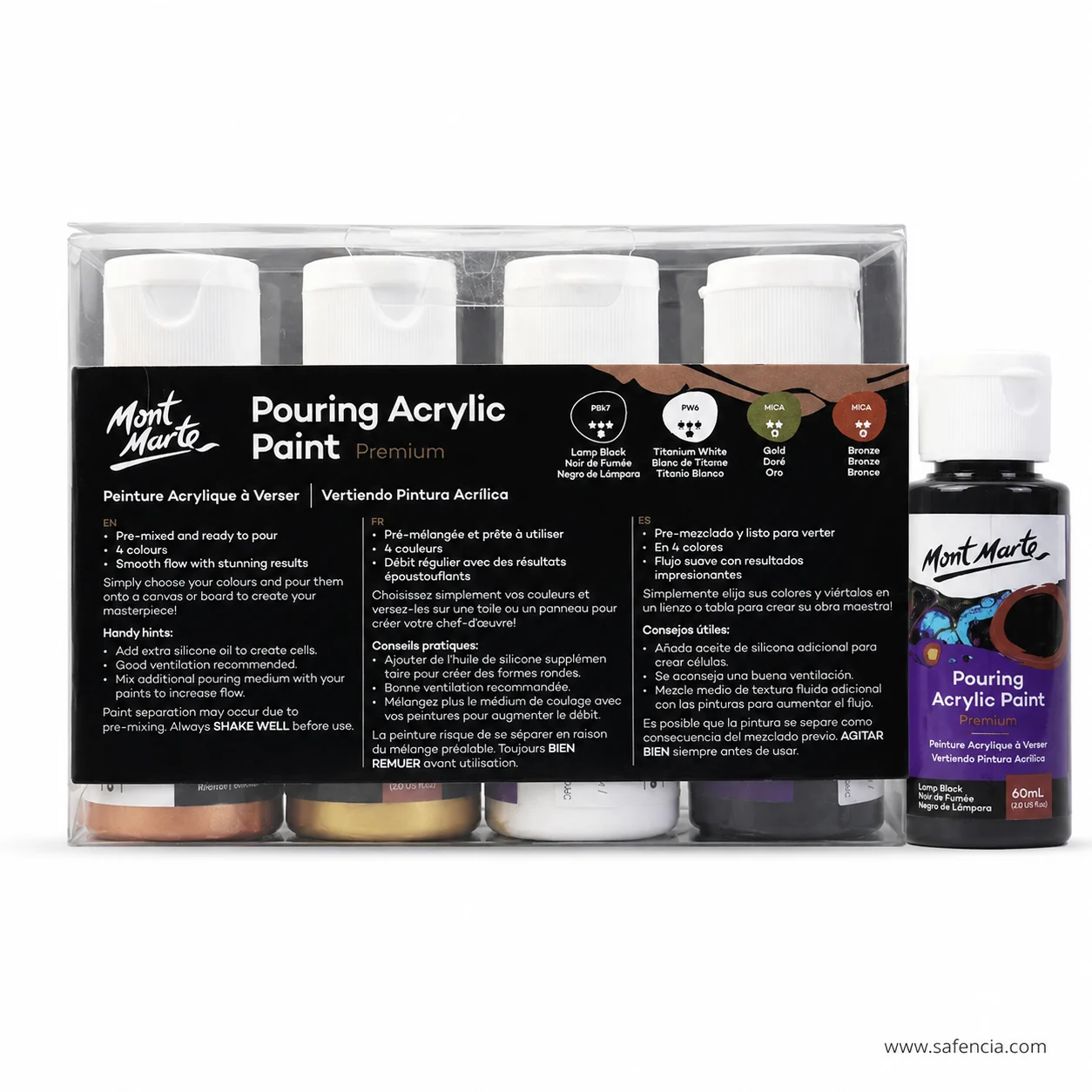 Back panel of the Mont Marte Celestial pouring pack listing pigment codes and the pouring instructions