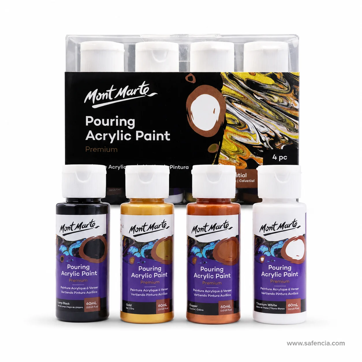 Mont Marte Celestial pouring pack behind its four loose bottles of black white gold and bronze paint
