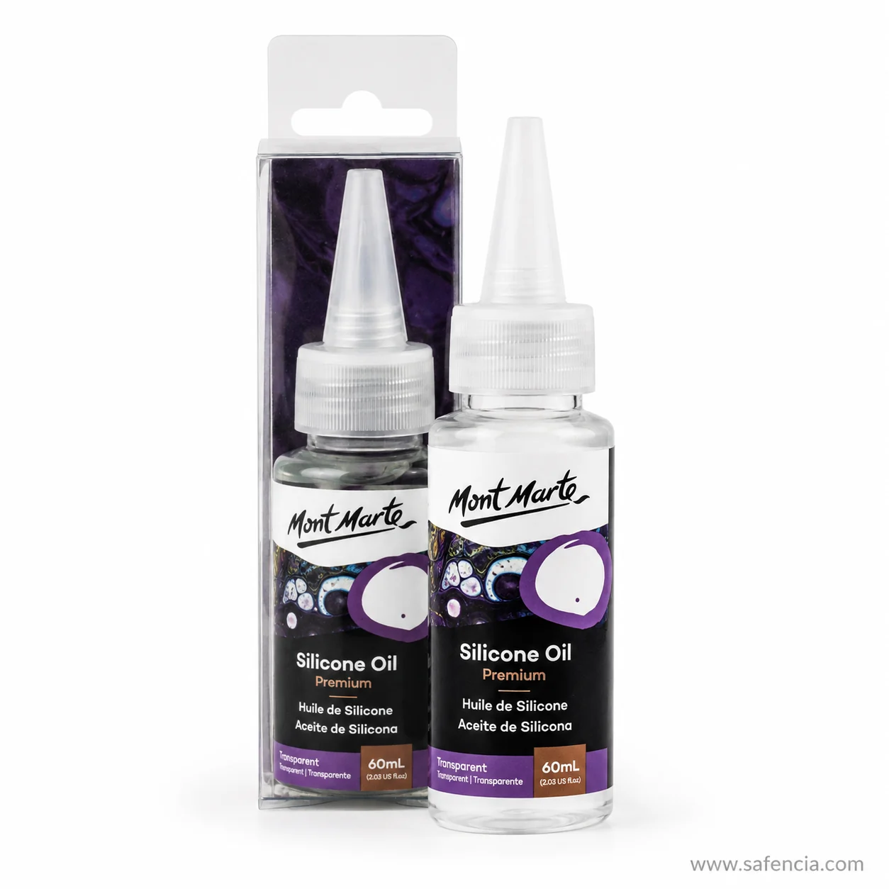 Mont Marte silicone oil hanging blister pack standing beside the bottle removed from it