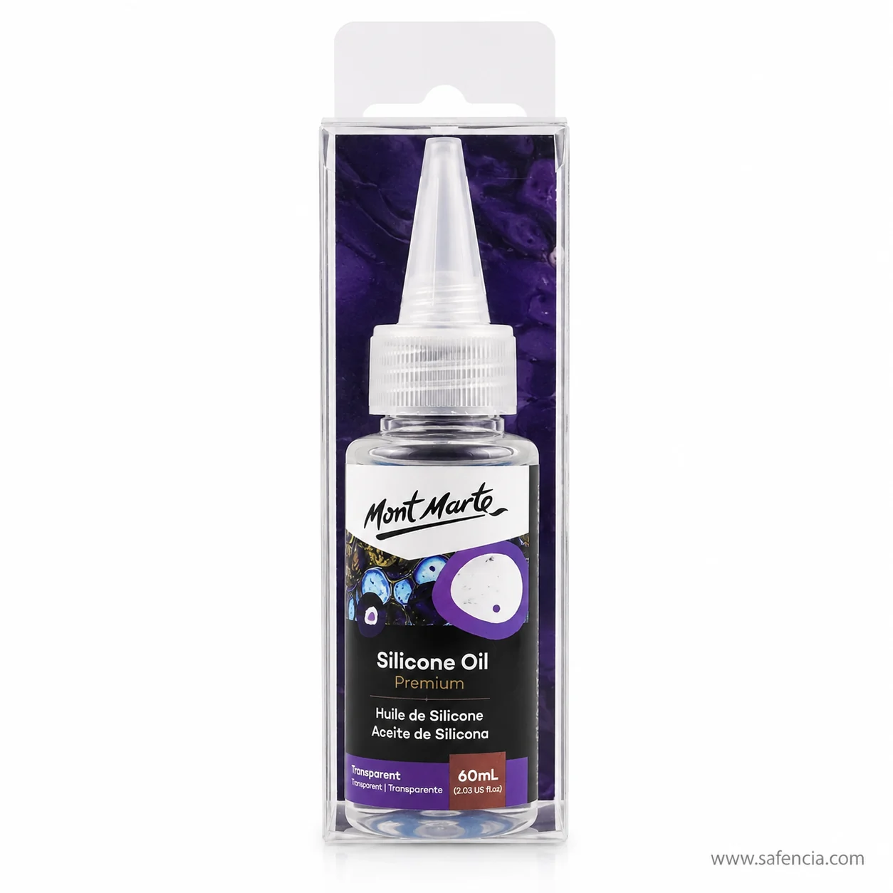 Silicone oil label showing Transparent Transparente and the 60mL volume in the blister pack
