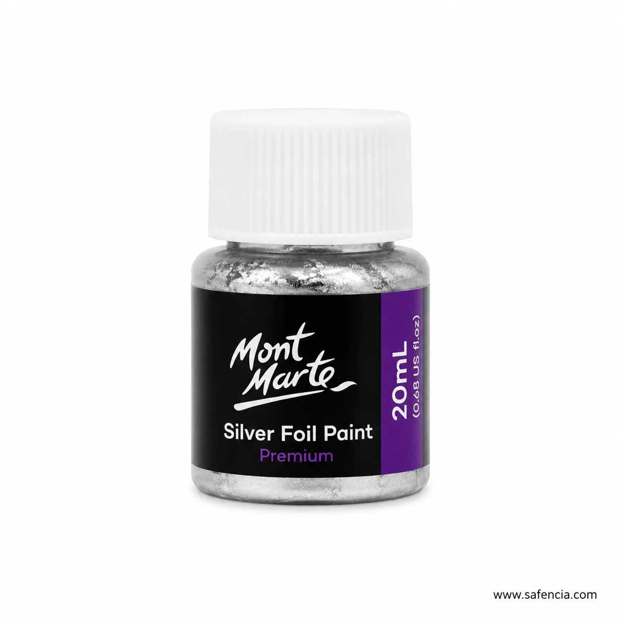 Close view of the Mont Marte silver foil paint bottle label showing the range name and volume
