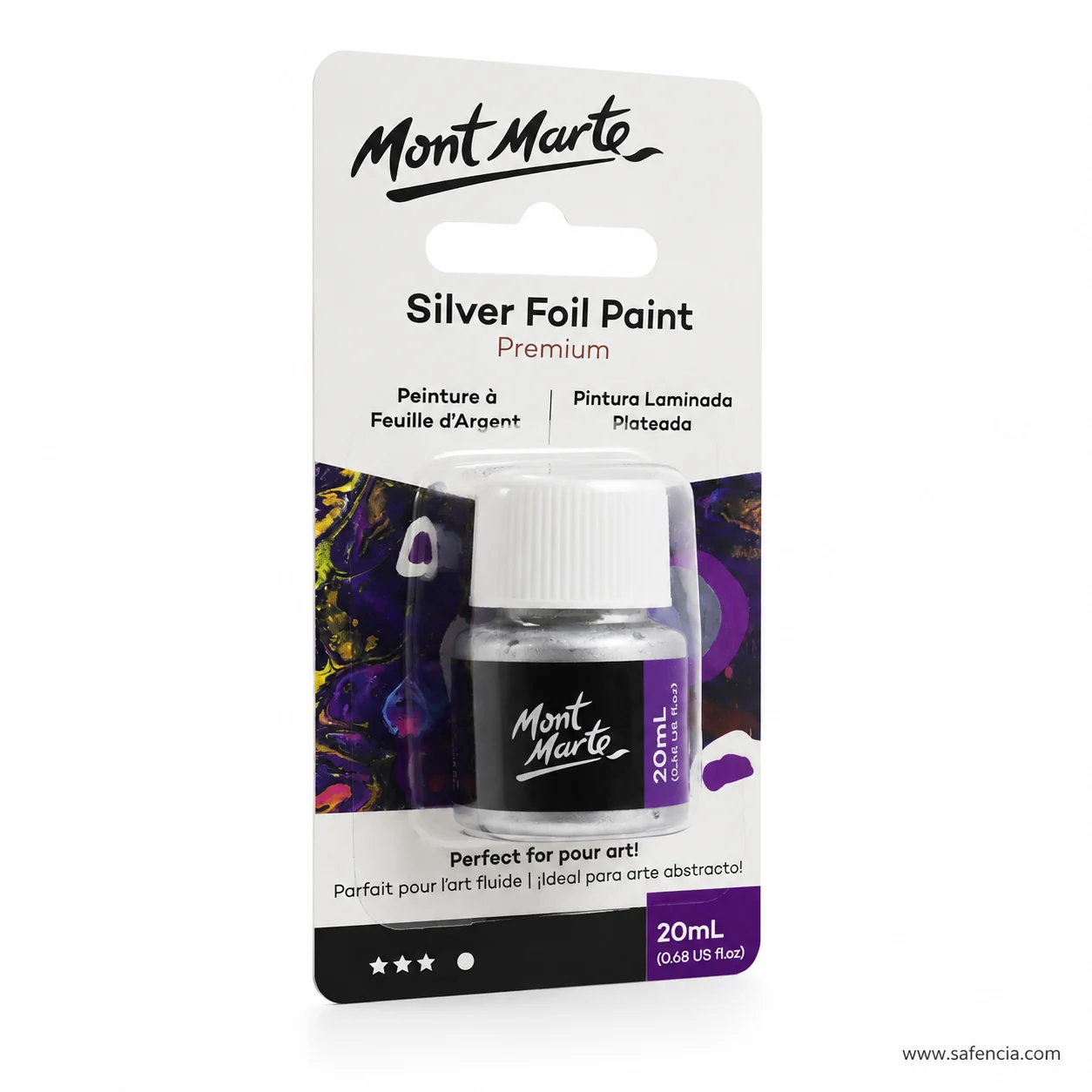 Mont Marte silver foil paint card standing beside the loose 20mL bottle taken out of it
