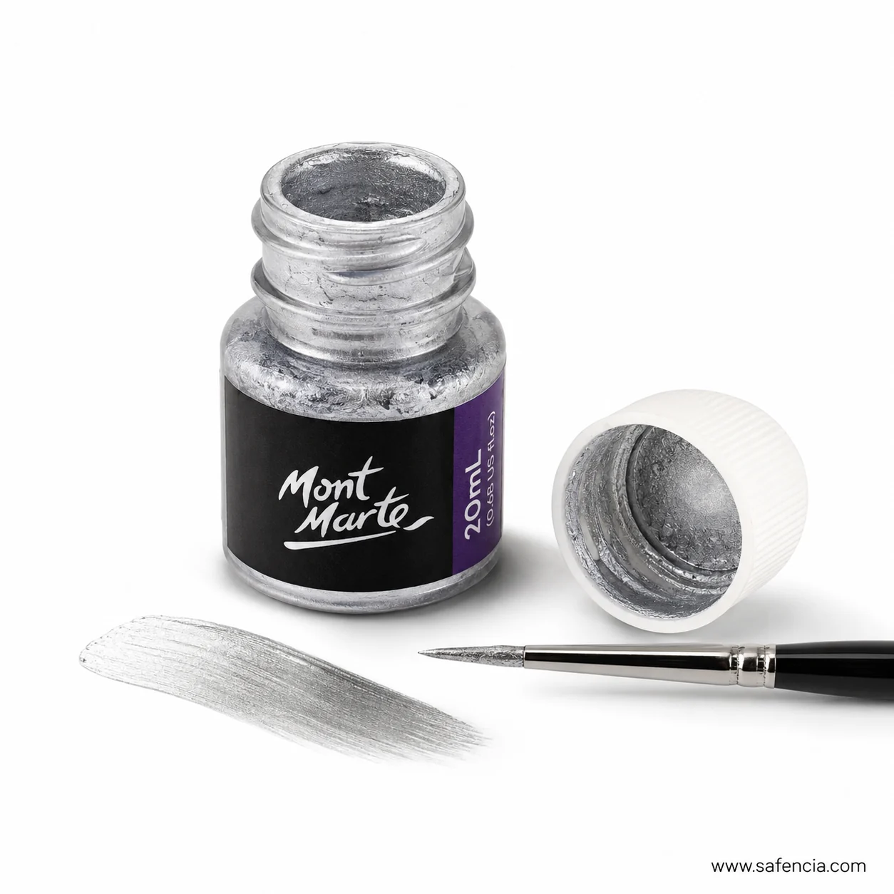 Open bottle of silver foil paint with pigment clinging to the cap beside a brushed silver swatch
