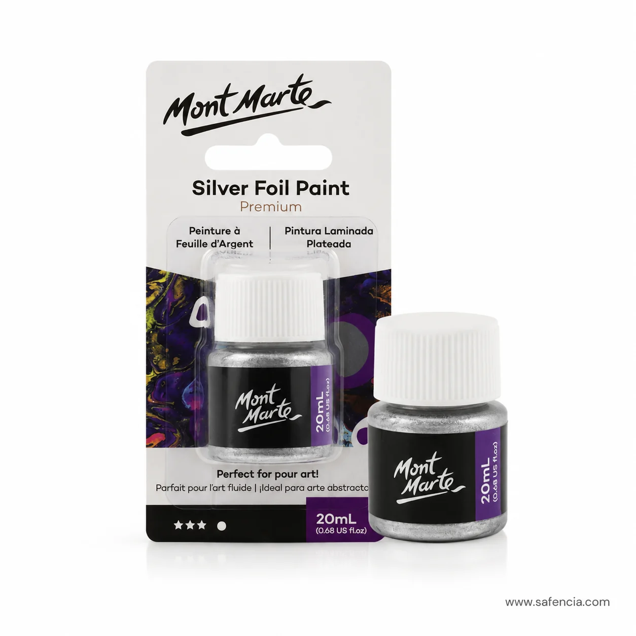 Angled studio shot of the carded Mont Marte silver foil paint against a plain background