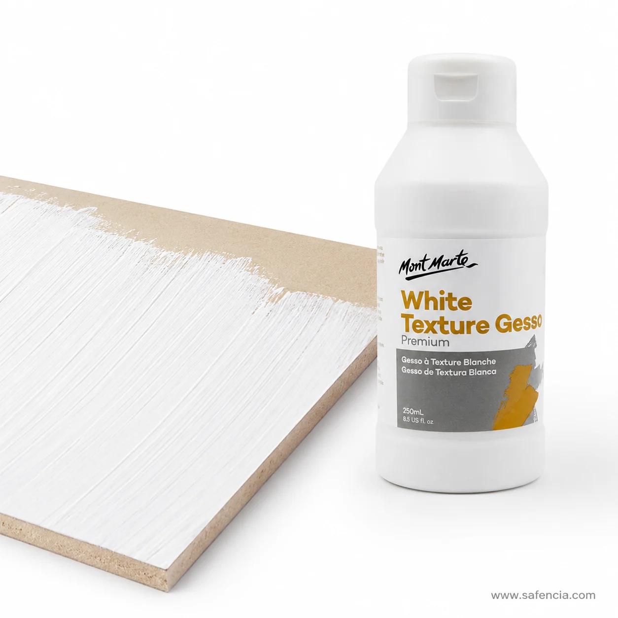 White texture gesso brushed across a raw board leaving visible bristle ridges in the coat