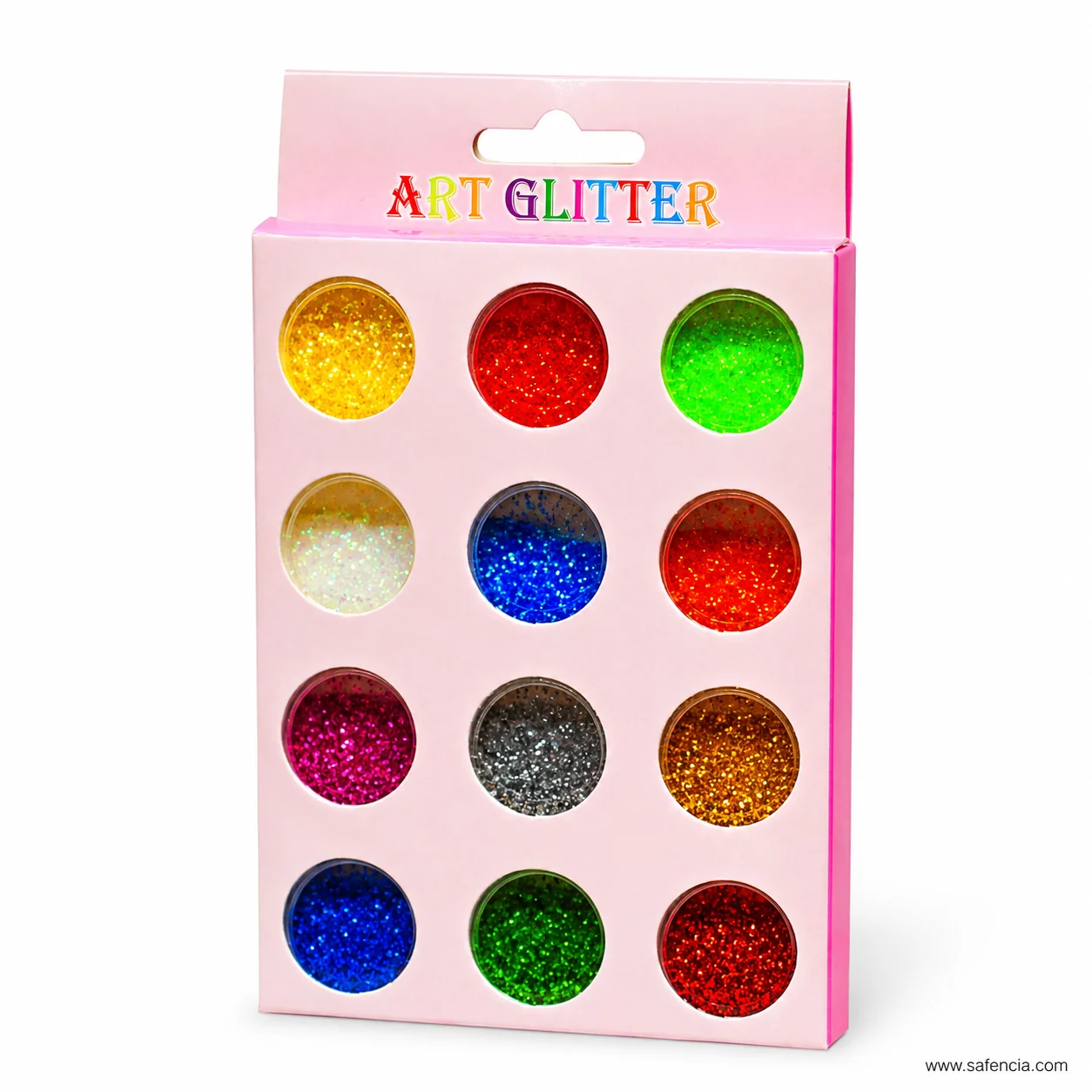 Art Glitter card photographed at an angle showing the depth of the sealed glitter pots