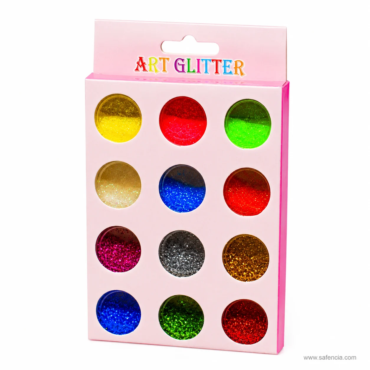 Close view of the twelve Art Glitter pots showing gold, silver, bronze and the jewel colours