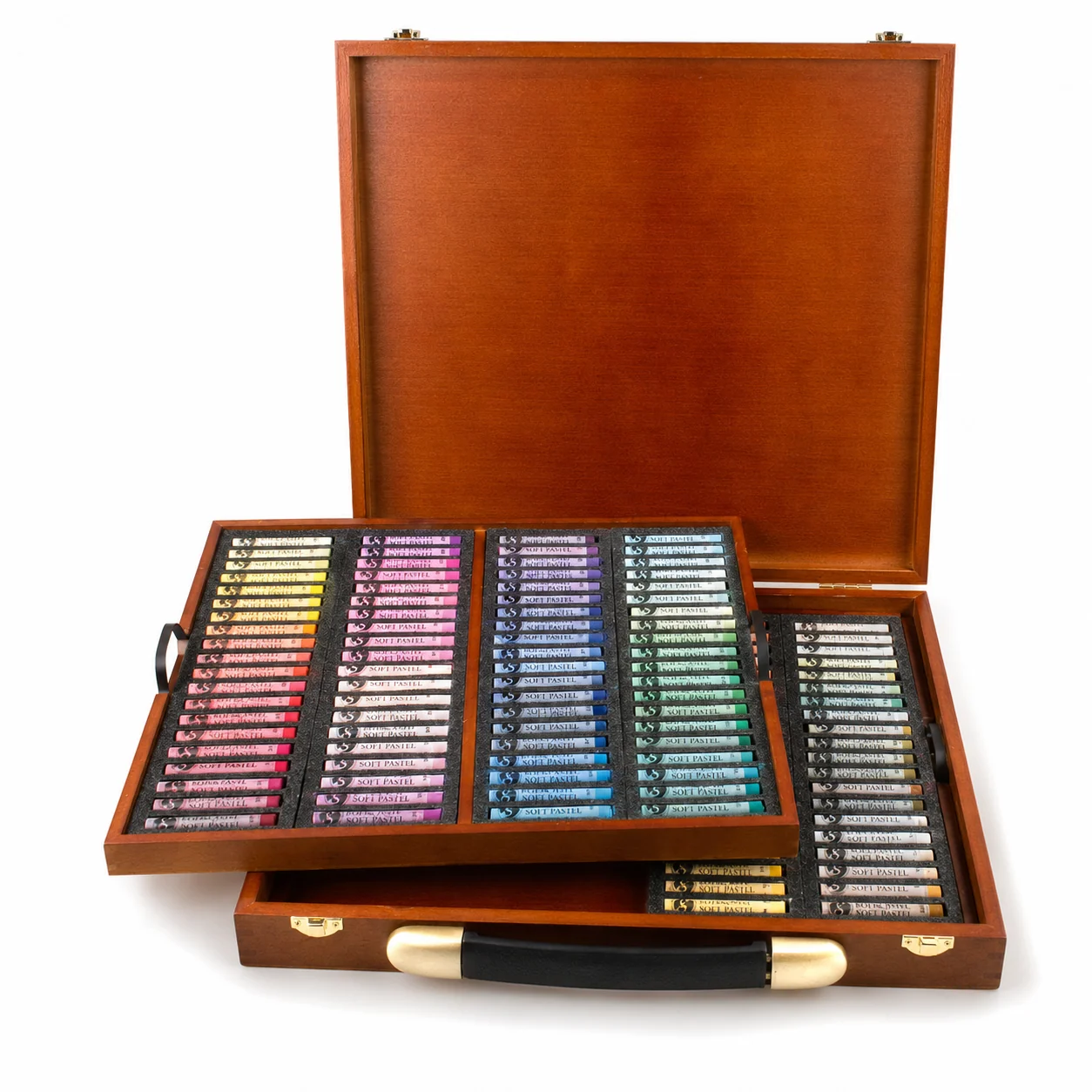 Close view of the Mungyo Gallery pastel trays stacked in tiers with each stick in its own compartment