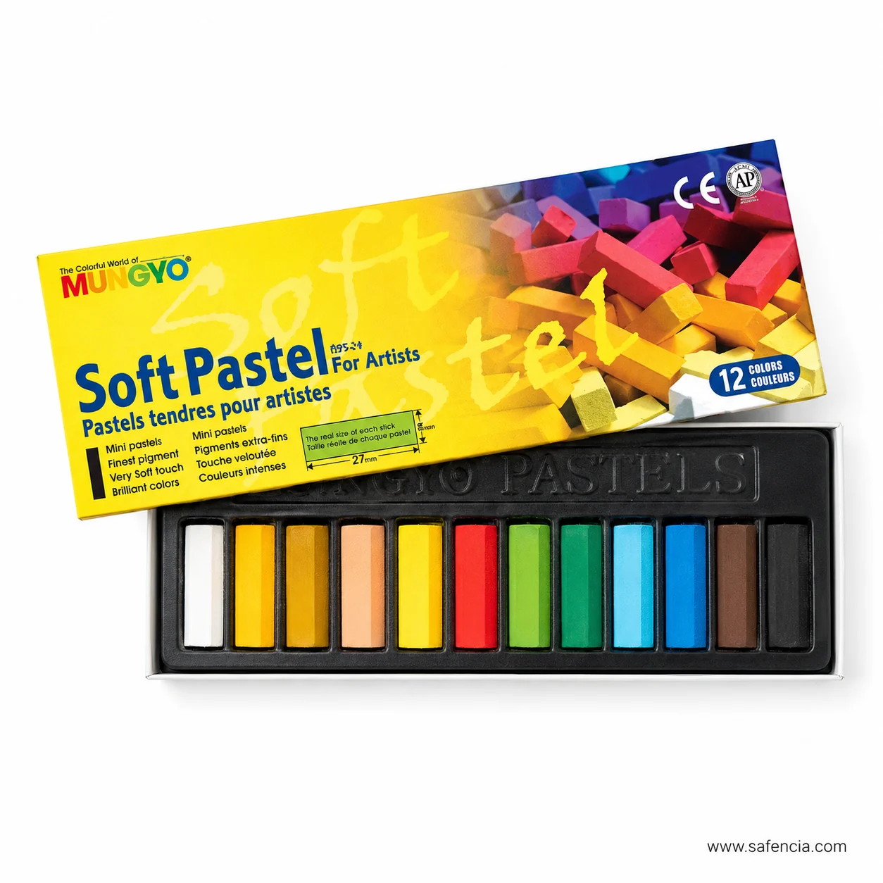 Mungyo Half Soft Pastels 12-colour box showing the mini pastel label bullets and CE and AP marks