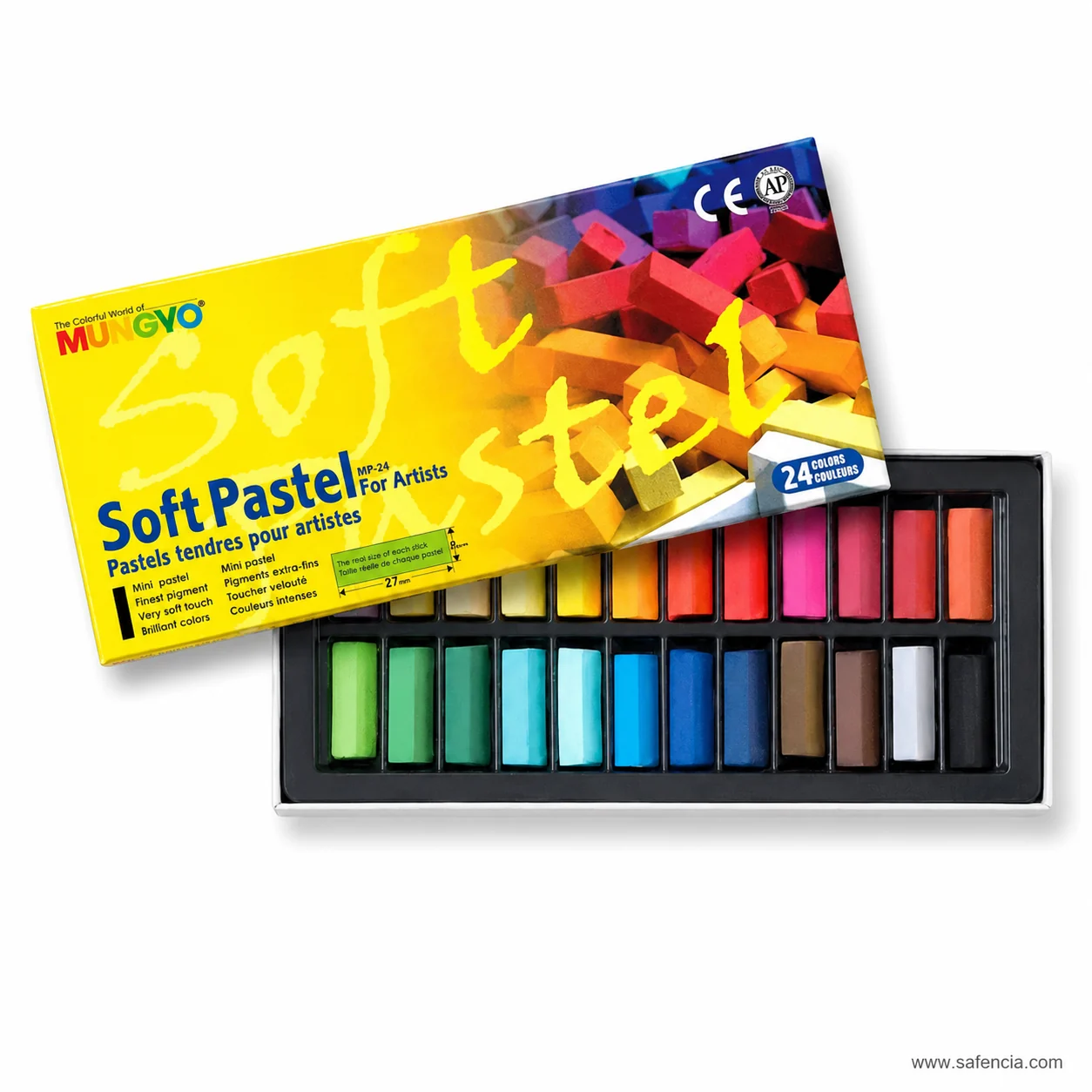 Mungyo Half Soft Pastels 24-colour yellow box angled over its open tray of mini sticks