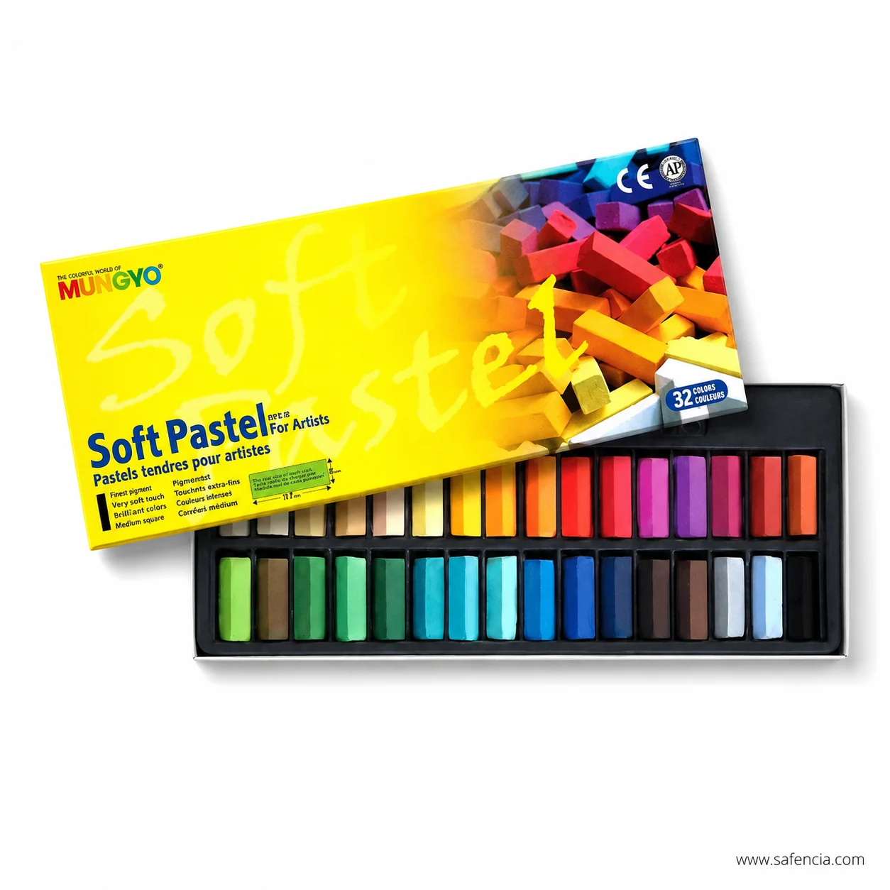 Mungyo Half Soft Pastels 32-colour yellow box angled over its open tray of mini sticks