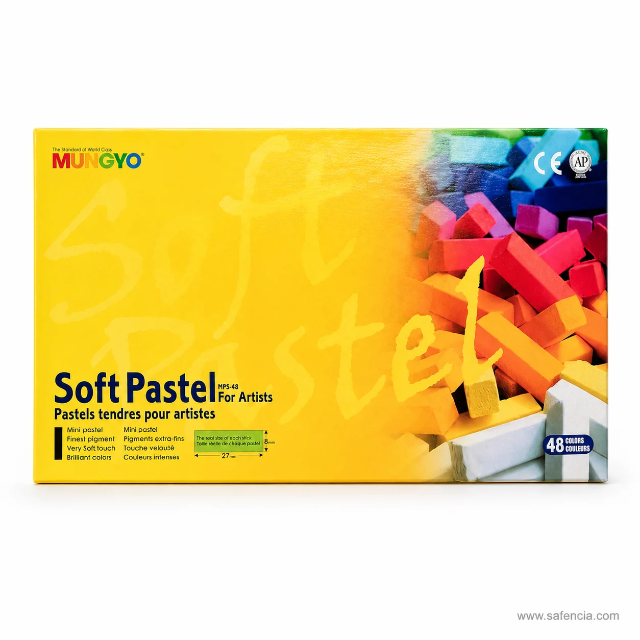 Mungyo Half Soft Pastels 48-colour yellow box angled to show the colour count flash