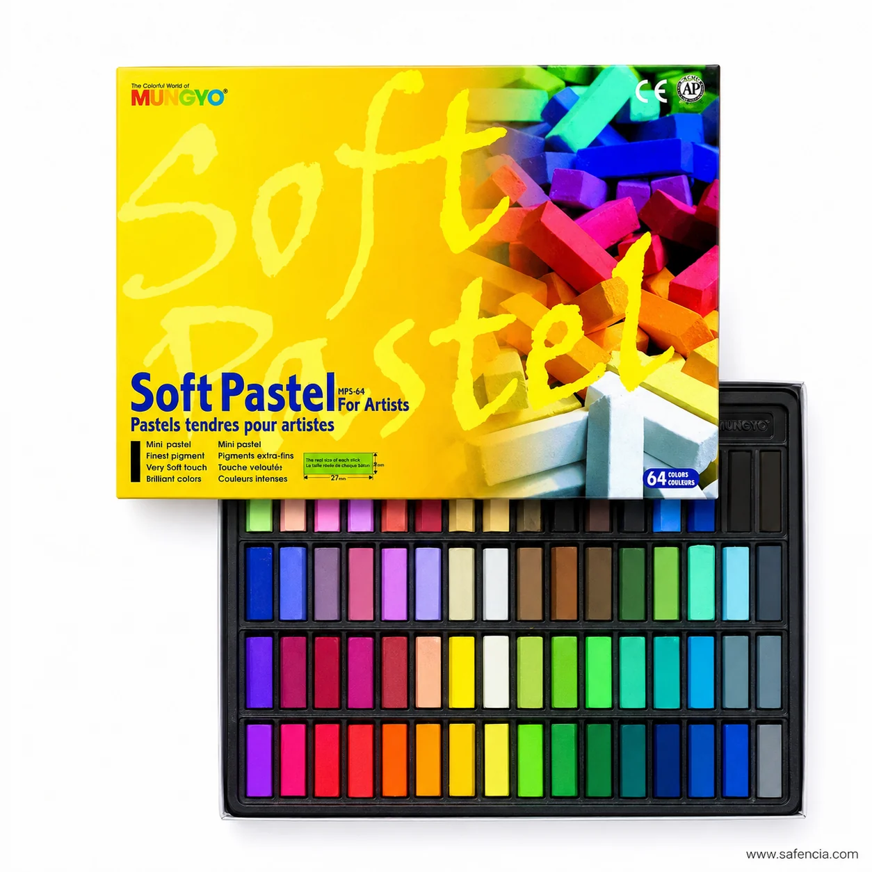 Mungyo Half Soft Pastels 64-colour yellow box standing behind its full open tray