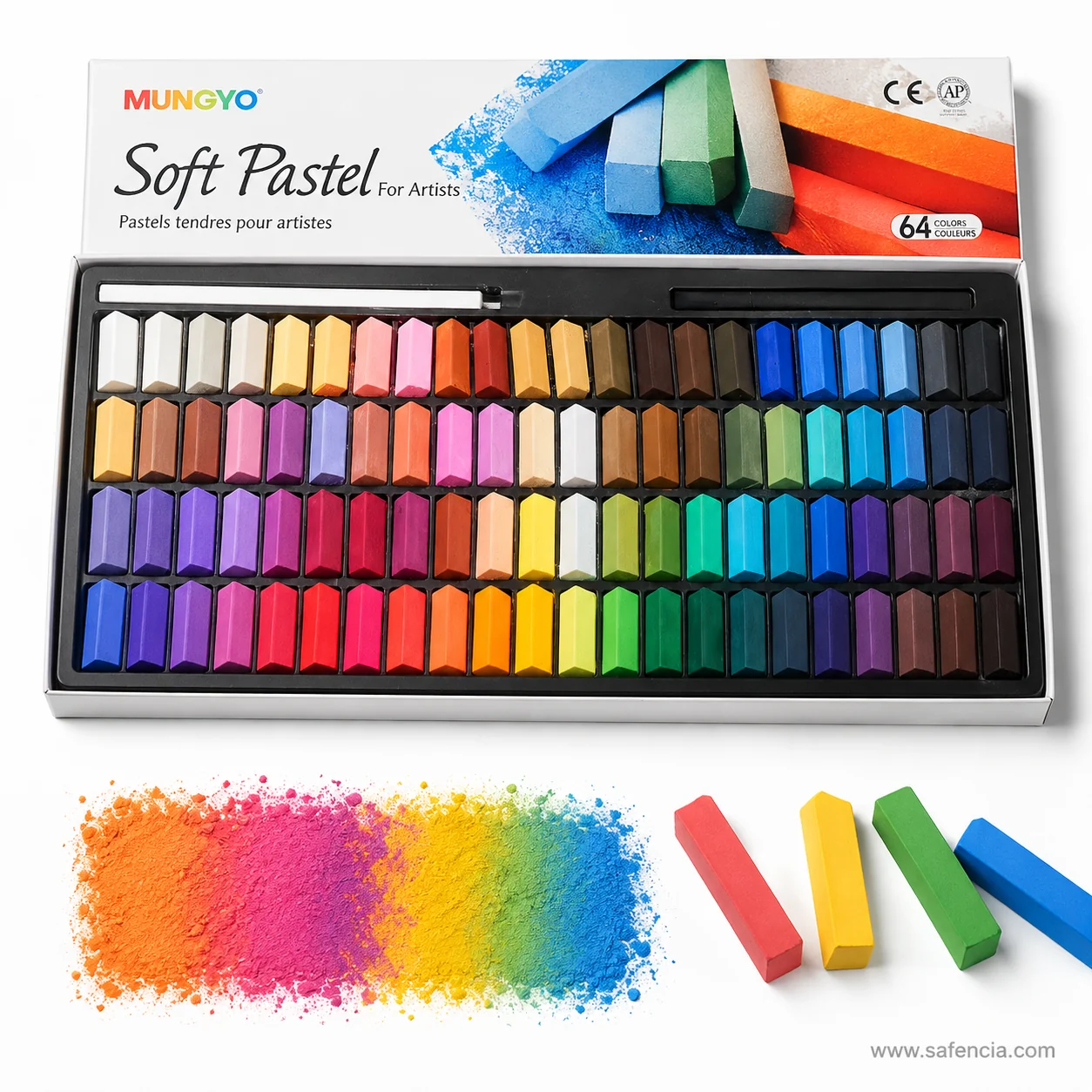 Mungyo Half Soft Pastels 64-colour tray with loose blended pigment powder in front of it