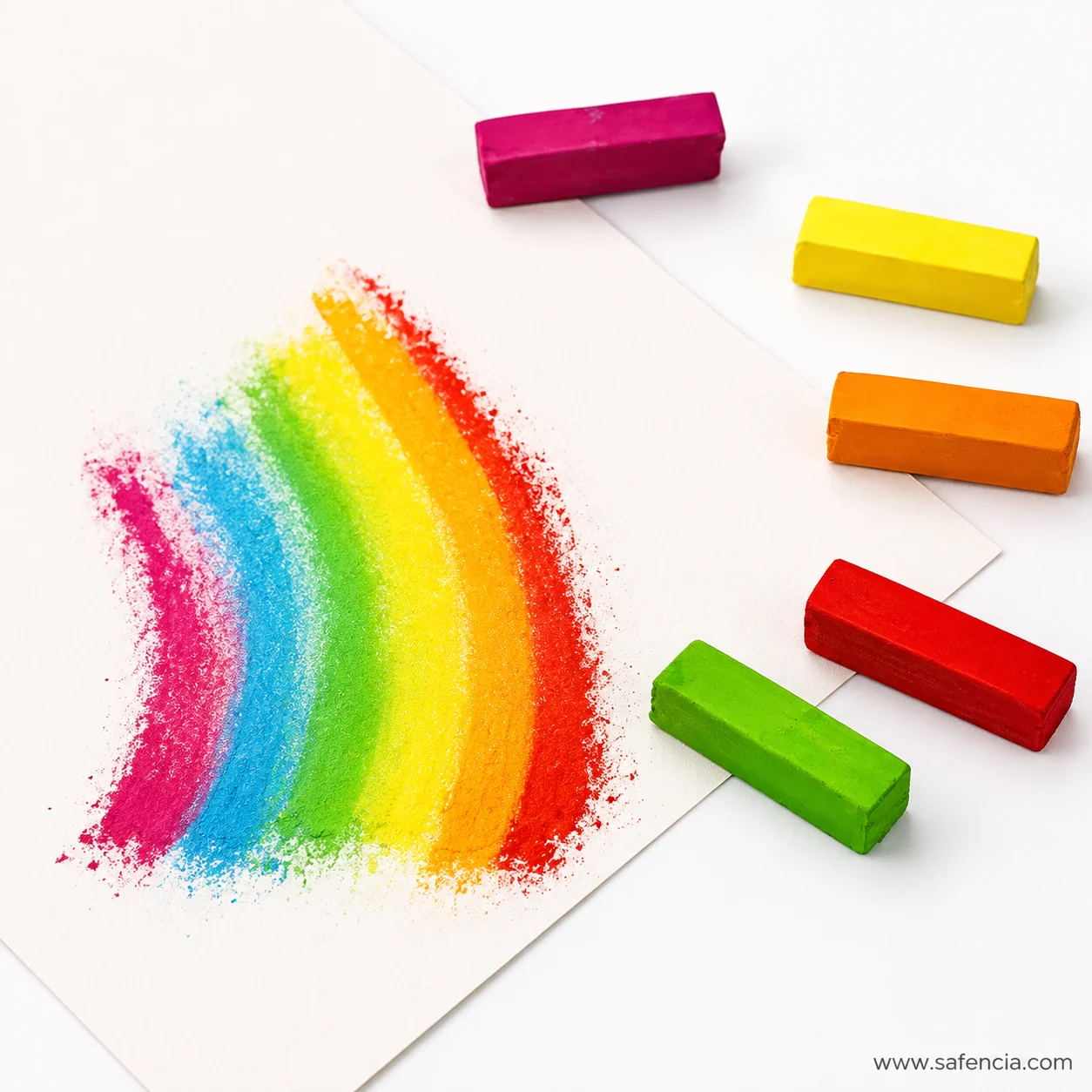 Soft pastel sticks beside a blended rainbow arc of loose pigment powder on white paper