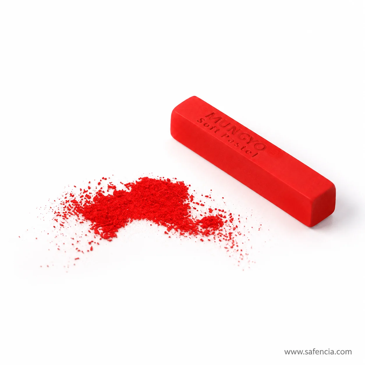 Single red Mungyo half soft pastel stick beside the loose powder crushed from it