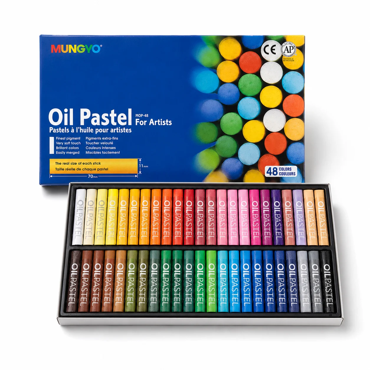 Mungyo Oil Pastel 12-colour tray with red blue and yellow sticks laid loose in front of it