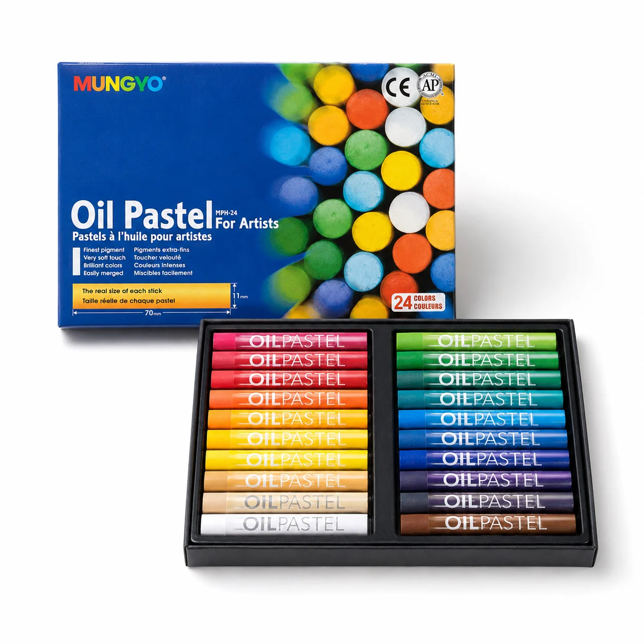 Mungyo Oil Pastel 24-colour blue box with a two-row tray of oil pastel sticks in front of it