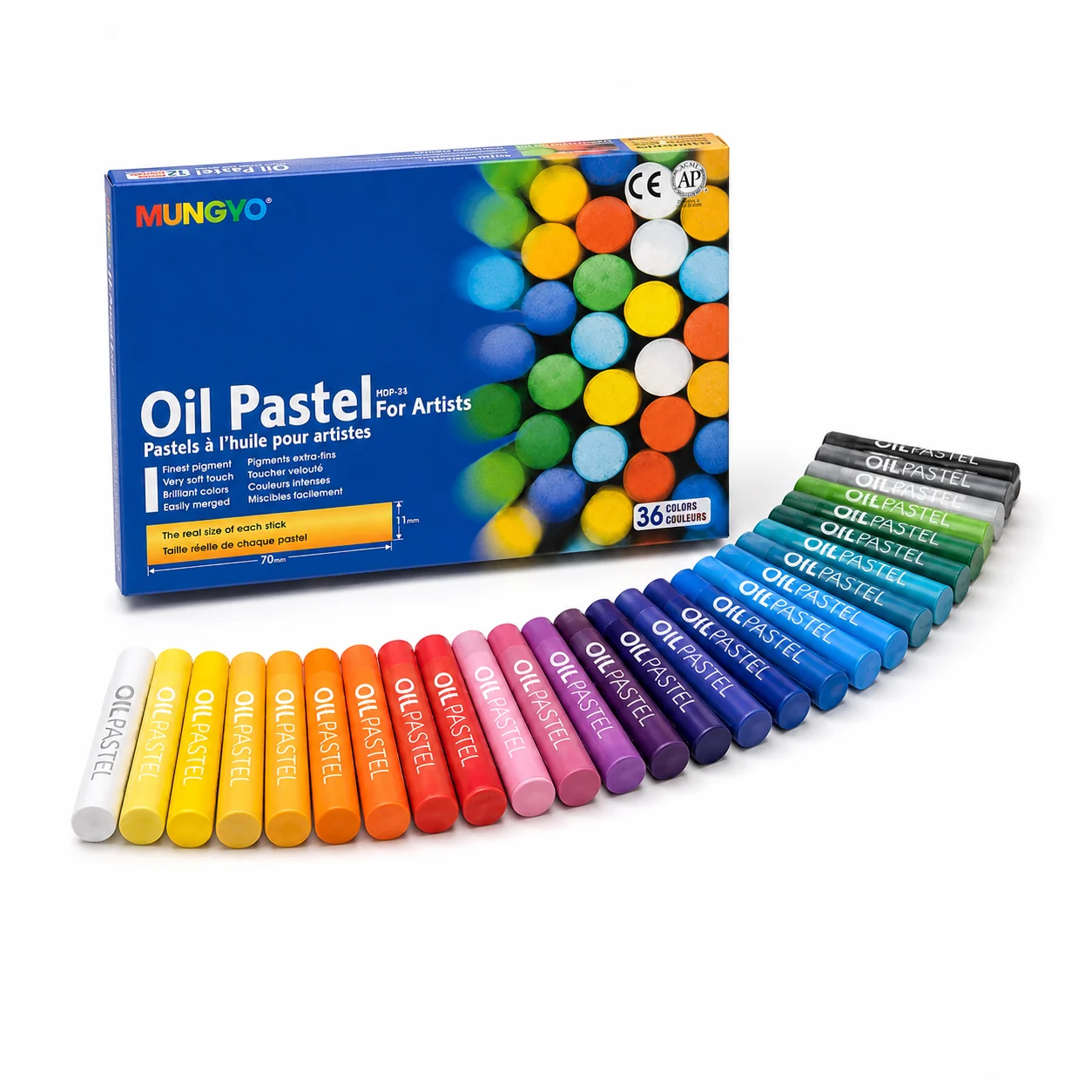 Mungyo Oil Pastel 24-colour blue box tilted over its open two-row tray of sticks