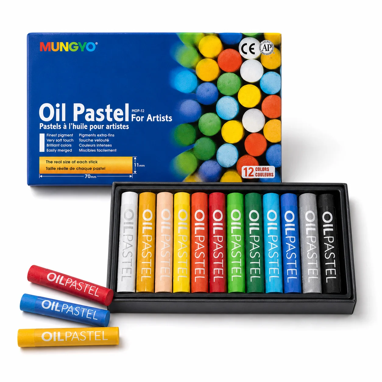 Mungyo Oil Pastel 24-colour tray with four loose sticks arranged in front of the blue box